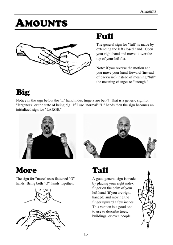 Amounts  AMOUNTS  Full  “The general sign for "full” is made by the left closed hand. Open 1 hand and move it over the  top of your left fist.  extendi  Note: if you reverse the motion and You move your hand forward (instead  of backward) instead of meaning "full" the meaning changes to "enough.  "largeness” or the state of being bi initilized sign for "LARGE."  More Tall  The  f2n for "more” uses fattened "0" A good general sign is made hands. Bring both "0 hands together. by placing your right index finger on the palm of your left hand (f you are right handed) and moving the finger upward a fow inches. This version is a good one o use o des: buildings, o even people.  15 